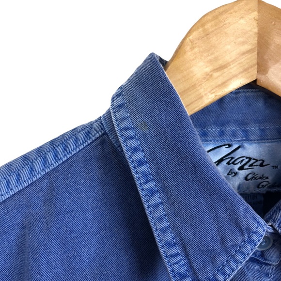 Vintage Bright Oversized Blue Button Down Denim Pocket Long Sleeve Shacket Shirt - Picture 6 of 7